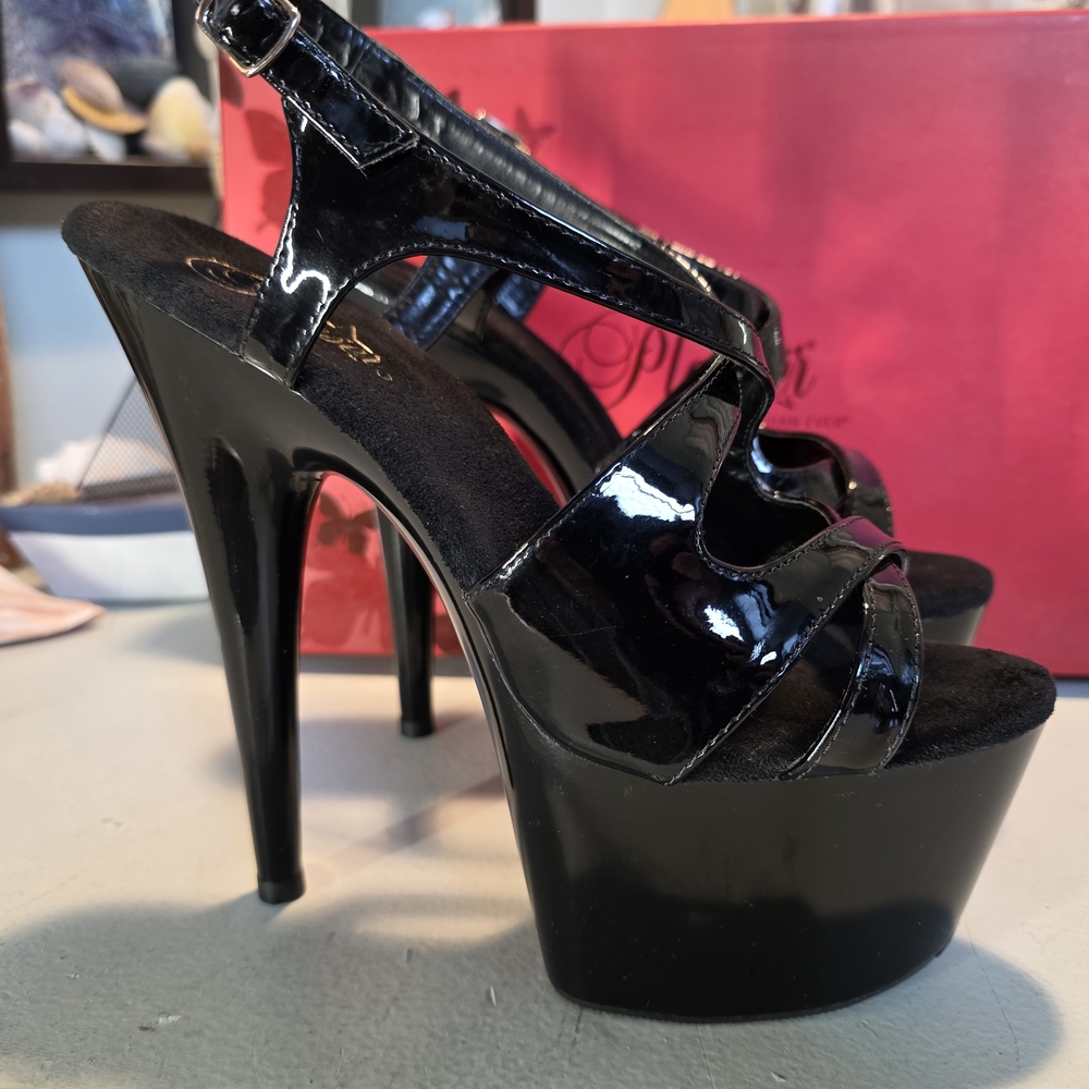 Pleaser Glossy Black Strappy Heels